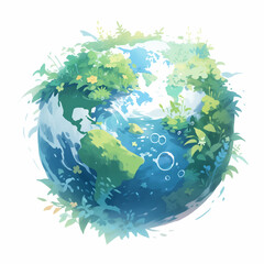 A blue and green eco Earth globe surrounded by plants, logo for environmental world protection, illustration for ecological conservation and water preservation, Save the Planet, Earth Day concept