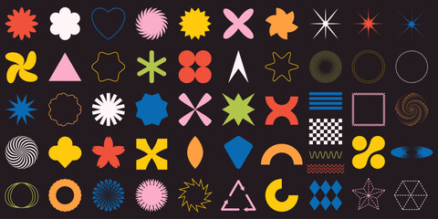 Abstract geometric shapes set. Trendy basic figures flower, circle, triangle, arrows, cells, stars, spiral. Some elements have an editable stroke. Vector illustration isolated on a dark background