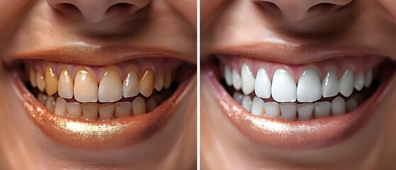 Smile Transformation: Pre and Post Teeth Whitening. Concept Dental Care, Teeth Whitening, Smile Makeover, Oral Hygiene, Cosmetic Dentistry - obrazy, fototapety, plakaty