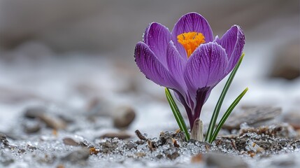   A tight shot of a purple flower with a sunny yellow center in a rocky terrain, blanketed in snow