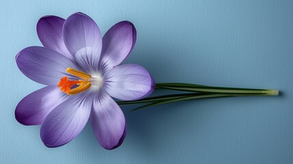   A purple flower, tightly framed against a blue background, showcases a yellow stamen at its core