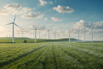 Wind turbines for the production of electricity. Renewable wind energy.