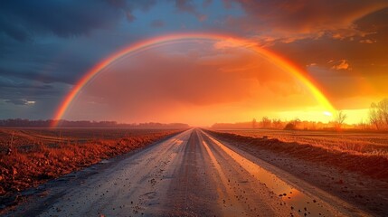  A road beneath a rainbow, mid-sky holding another identical arc