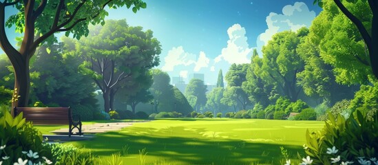 Naklejka premium Bench surrounded by lush trees and green grass in a peaceful park environment
