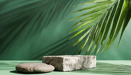 minimal mockup background for product presentation stone podium with palm leaf on green background...