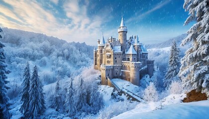 magic castle in a winter wonderland fantasy snowy landscape winter castle on the mountain winter...