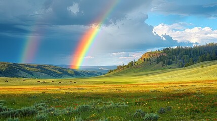   A rainbow arches over the sky, gracing a field of wildflowers below, while a distant mountain mirrors its radiant hue