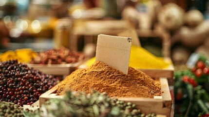 aromatic spices shop or a supermarket spice section with empty price or name tag as wide banner...