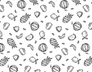 Seamless vector pattern of exotic fruits on a white background. Doodle fruits set. For paper, textiles, gift packaging, interior decoration, menus. Cartoon design