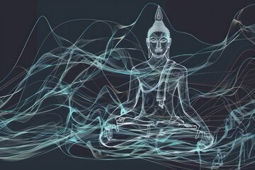 3D wireframe of a meditating person, can be used for yoga studio branding., mediatation concept, a buda in horizontal layout banner with copy space, vesak holida