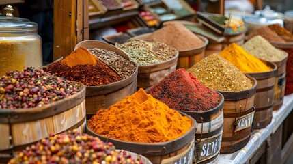 aromatic spices shop or a supermarket spice section with empty price or name tag as wide banner with copy space area