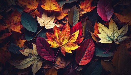 generative ai illustration of full frame background consisting of pile of multicolored autumn leaves placed one on another - Powered by Adobe