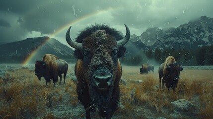   A herd of bison atop a dry grass field, beneath a cloud-studded sky, features a rainbow backdrop - obrazy, fototapety, plakaty