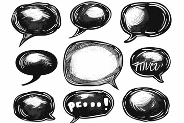 Hand drawn dialogue box sticker set. Speech bubbles icon with squiggle texture. Crosshatch pencil drawn doodle style vector illustration. vector icon, white background, black colour icon - obrazy, fototapety, plakaty