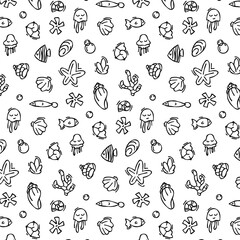 Seashell pattern in doodle style, black outline sketch of isolated elements on white background for design template. Ocean flora