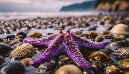 closeup of purple starfish surrounded by various mollusks at low tide on the washington coast - obrazy, fototapety, plakaty