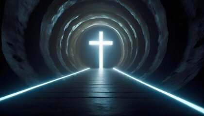 glowing neon cross in data stream tunnel futuristic virtual reality concept of faith and spirituality religious symbolism with modern digital aesthetic