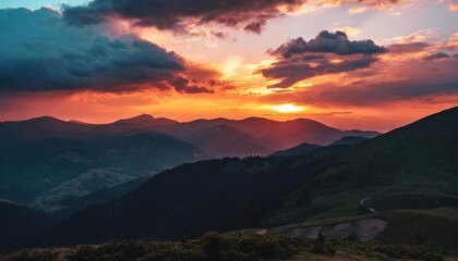 utterly spectacular view of the sunset over the mountain ranges carpathian mountains ukraine - obrazy, fototapety, plakaty