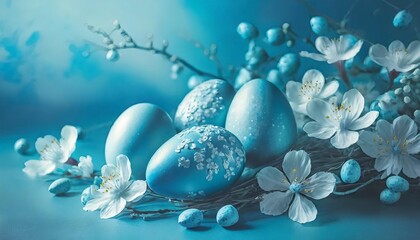 a pastel blue easter background with blue eggs and delicate white flowers