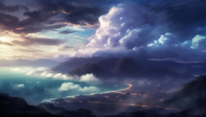 fantastic thick cloud sea sky above city land mountain fantasy backdrop concept art realistic illustration video game background digital painting cg artwork scenery artwork serious book illustration