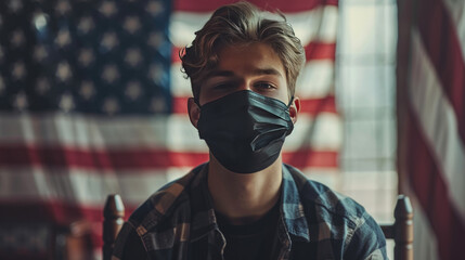 A young man in a black medical mask sits on a home quarantine against the backdrop of the American flag. Self Isolation due to US Coronavirus. Measures to curb the spread of Covid-19. Pandemic panic. - obrazy, fototapety, plakaty