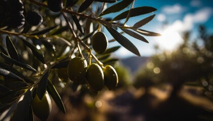 closeup view photography of organic olive trees with ripening olives at sunny blue sky background