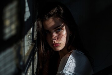 Young woman in dramatic lighting by a window