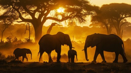 Serene Elephant Family in Sunrise Savanna Setting