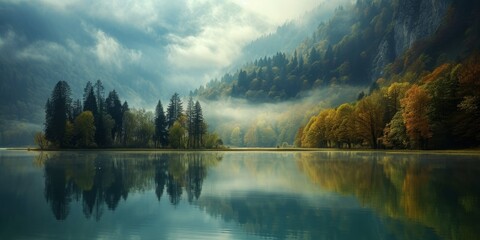 Obraz premium Misty Autumn Morning by a Tranquil Lake