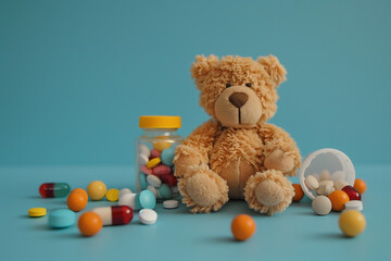 Teddy Bear Surrounded by Colorful Medication on Blue