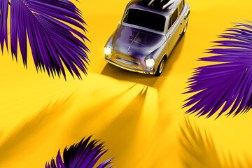 Summer travel concept. Retro car with palm leaf on vibrant yellow background. 3D Rendering, 3D Illustration