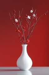 Elegant white vase with red and white blossoms on a red background