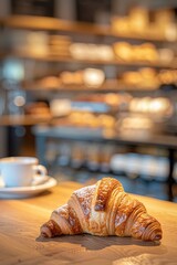 Obraz na płótnie Canvas Fresh croissant on a wooden table in a cozy bakery