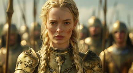 Determined female warrior leading an army
