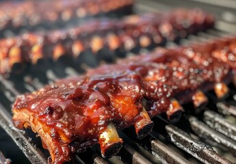 Juicy barbecued ribs cooking on a grill - obrazy, fototapety, plakaty