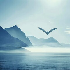 Fototapeta premium Majestic dragon flying over serene misty mountains
