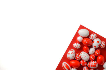 Easter backgrounds, geometric Easter red and white eggs on a white-red background. Copy space. Flat lay, top view
