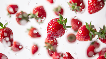 Fresh Strawberries Falling with Water Droplets 