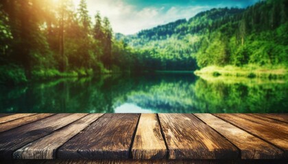 the empty wooden table top with blur background of summer lakes green forest high quality photo