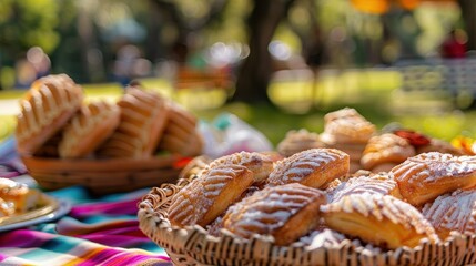 conchas in wicker baskets at a picnic, highlighting a casual outdoor setting that could be used for lifestyle magazines or social event invitations.