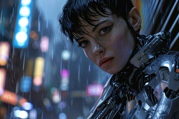 Futuristic female cyborg in a rainy cityscape