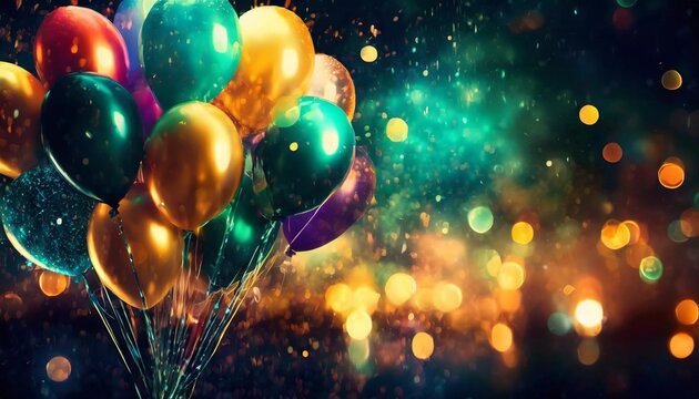 a customizable wide format festive background image for creative content featuring colorful balloons drifting in the air against a blurred background photorealistic illustration