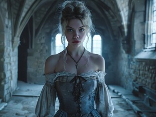 Mysterious woman in vintage dress standing in an ancient castle