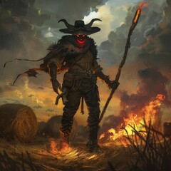 Sinister scarecrow in a fiery field at sunset