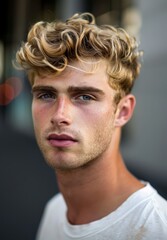 Portrait of a young man with curly blonde hair and intense blue eyes