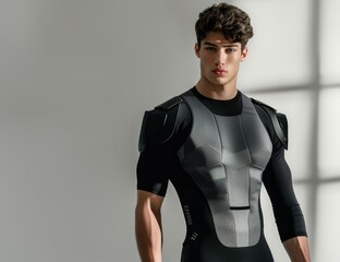 Futuristic athlete in advanced sportswear posing in a studio