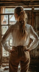 Woman standing in a rustic cabin looking out the window