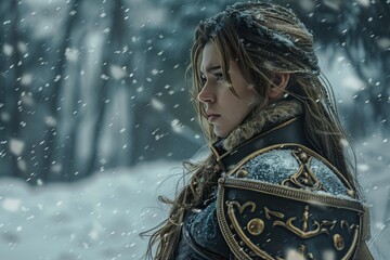 Winter Warrior: Female Knight Braving a Snowstorm