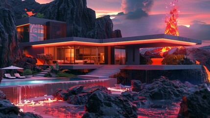 Luxurious Modern House by a Volcanic Eruption at Sunset - obrazy, fototapety, plakaty