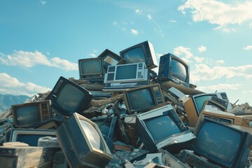 Pile of Old Televisions in a Scrapyard - obrazy, fototapety, plakaty